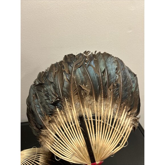 Vintage Asian Chinese Pien Mien Feather Fan Hand Fan Pair Set Of 2 Goose/duck? - Picture 4 of 14
